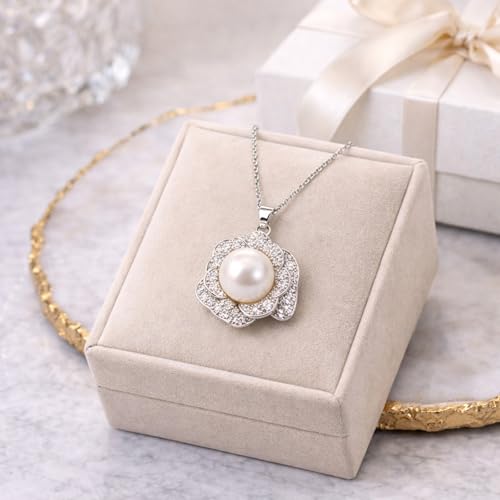11-12mm White Freshwater Pearl Necklace for Women, Flower Pendant | White Pearl Jewelry Gift for Wife Mom Girlfriend, 16.3"+2" Adjustable Chain,Mother’s Day/Grandma's Gift