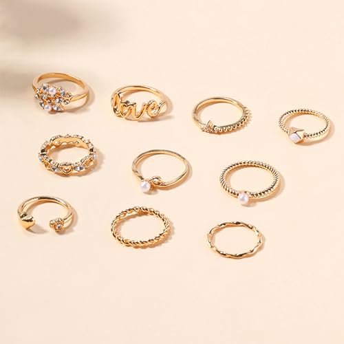 HUASAI Gold Stackable Rings Set for Women Boho Dainty Moon Star Pearl Leaf Cubic Zirconia Heart Midi Pinky Trendy Jewelry Birthday Gifts - color: K Gold Rings 10 Pcs