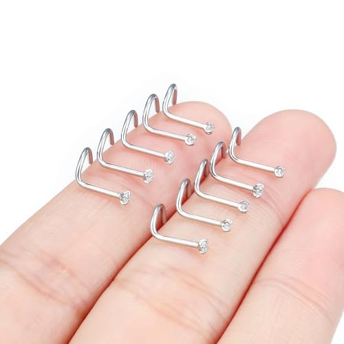 Hoeudjo Nose Studs Surgical Steel Cubic Zirconia Nose Rings Kit for Women Men Tiny Nose Stud Bone & Screw & L Shaped Nostril Piercing Jewelry 24/22/20/18 Gauge 10 Pieces - color: silver-tone,screw nose studs, size: 20g/1.5mm clear CZ