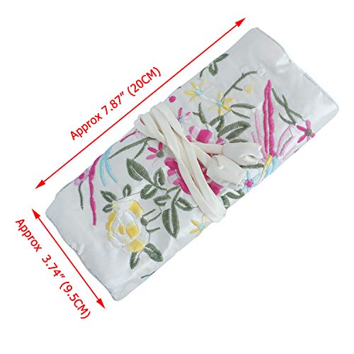 Travel Jewelry Roll Bag - Silk Embroidered Brocade Pouch for Rings, Necklaces, Earrings, Bracelets | Lightweight & Tie Closure (White) - color: White