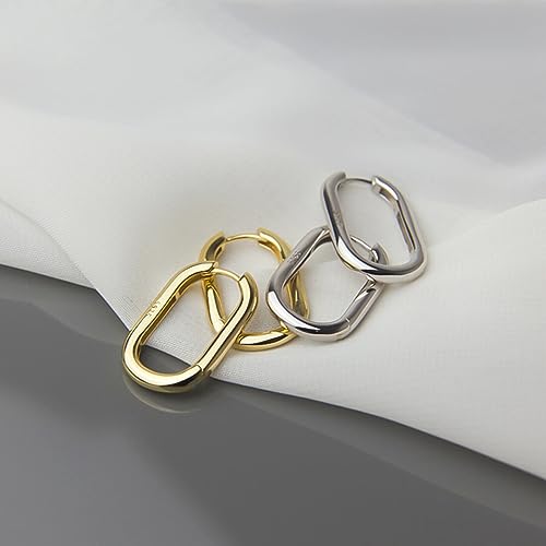 Sterling Silver Long Plain Shiny Oval Square Hoop Cuff Drop Earrings 26mm 2 Tones Rhodium / 18K Gold