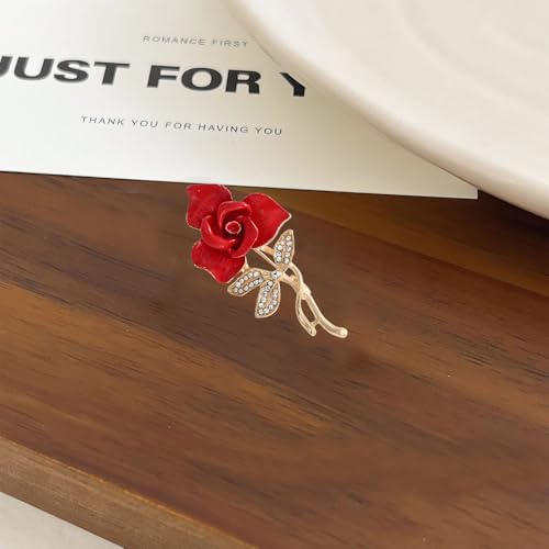 Rose Flower Brooch Pin for Women Fashion Dainty Gold Plated 3D Red Roses Floral Crystal Brooch Pin Birthday Dress Suit Accessories Jewelry - style: Rose