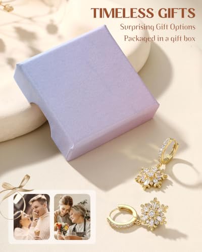 FIBO STEEL 14K Gold Plated Hoop Earrings with Charms for Women Huggie Hoops | Hypoallergenic 925 Sterling Silver Post Dangle Earrings Small Silver Gold Hoops Earring Cubic Zirconia Dangle Drop Jewelry - color: Snowflake - 14K Gold Plated
