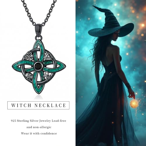 Witch Necklace 925 Sterling Silver Pentagram Triple Moon Pentacle Pendant Wiccan Pagan Jewelry Witchy Gifts for Women - style: Witches Knot-Malachite