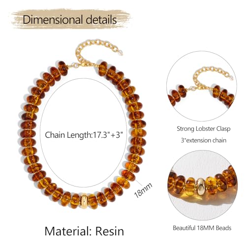 Chunky Colorful Choker Necklace for Women - Summer Beach Round Resin Beads Necklace, Trendy Statement Summer Beach Jewelry Birthday Gifts for Vacation Holiday - color: 18mm Amber Brown Bead