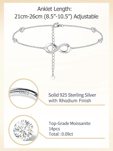 Moissanite Infinity Anklet for Women, Real Authentic 925 Sterling Silver Hypoallergenic, Beautiful Summer Jewelry, Dainty Ankle Bracelet, 8.6-10.6inch (21-26cm) Adjustable - color: Elegant Infinity - White Gold