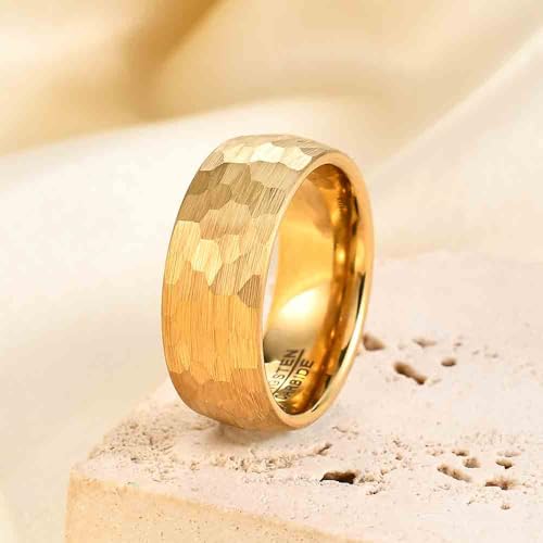 4-6mm Hammered Tungsten Wedding Band Matte for Men and Women | Matte Brushed Finish, Scratch and Fade Resistant, Engraved Faceted Pattern, Dome Profile, 4mm/6mm/8mm, Sizes 6–12 - color: 8mm Hammered Gold