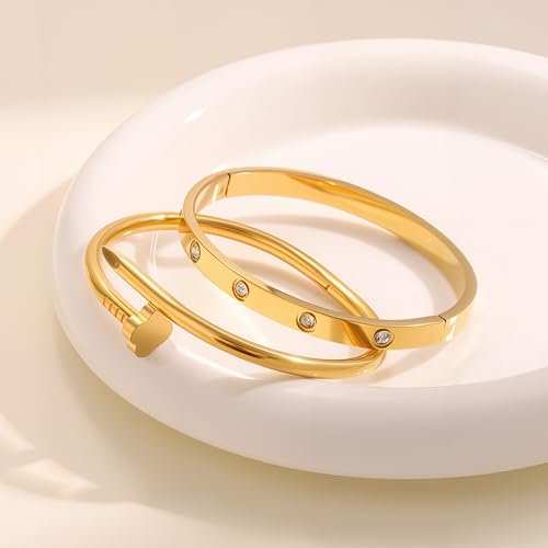 Gold Bangle Bracelets for Women -2PCS Friendship & Love Bangle Bracelet Clover Nail Bracelet Stack Set Trendy Non-Tarnish Stainless Steel Jewelry Gifts for Mom Wife Her - color: Gold-A