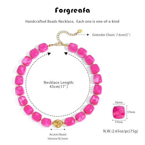 Beaded Necklaces for Women Boho Chunky Necklace Statement Big Resin Bead Choker Fashion Summer Beach Jewelry - color: Rose Red