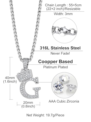 Richsteel Silver Crown Initial A-Z Letter Pendant Necklace for Men Women | Cubic Zirconia Monogram, 316L Steel Chain, 22" + 2" Extender,Hypoallergenic,Gift Box, Hip Hop Jewelry - style: G