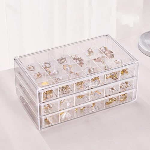 Earring Organizer Box Acrylic Stackable Jewelry Organizer with 3 Drawers 72 Small Compartments Clear Jewelry Display Stand for Stud Earring Ring Pin Display (Transparent) - color: Transparent