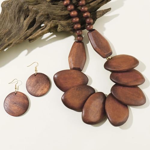 Coiris Chunky Wooden Necklace and Earring Set for Women Boho Statement Jewelry Ethnic Accessories - color: Brown