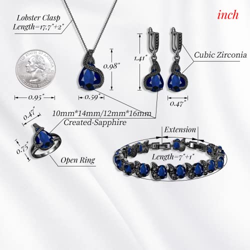 GZWHD Jewelry Set for Women Water Drop Cubic Zirconia Artificial Crystal Earrings Pendant Necklace Open Ring Tennis Bracelet Wedding Anniversary Birthday Engagement Gift for Bridesmaid Wife Girlfriend Friend - color: Black Gun-Blue