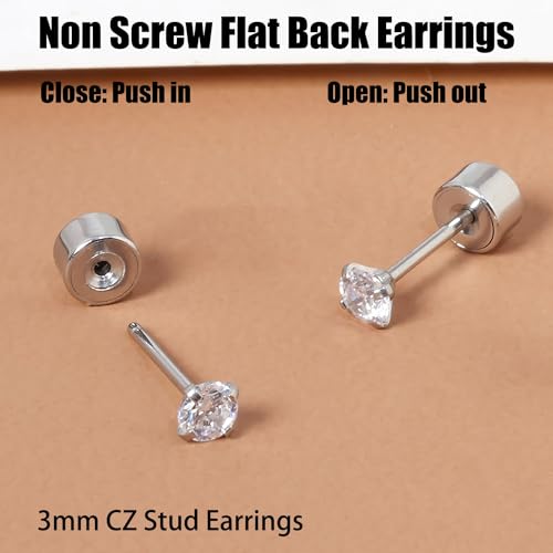 Threadless Flat Back Earrings, Hypoallergenic 14K Real Gold Plated CZ Stud Earrings | Cartilage Earring | Tragus Helix Piercing Jewelry | Push in Flatback Earrings for Women Men - color: Silver, size: 3 Millimeters