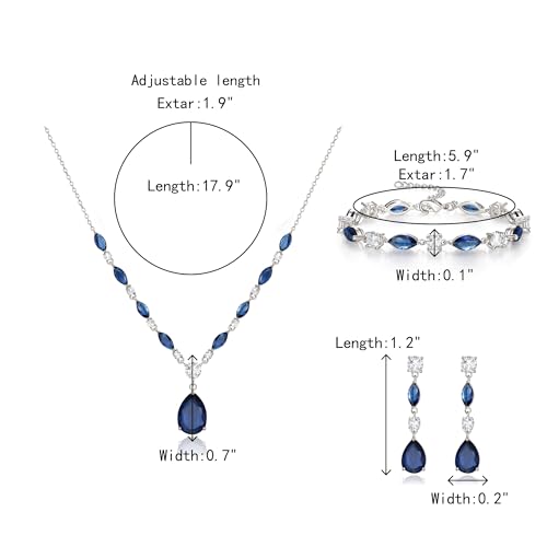 Teardrop Marquise Cubic Zirconia Wedding Prom Jewelry Set for Women Bridal | Silver/Gold/Rose Gold Plated, Pear Cut Pendant Necklace Drop Earrings Link Bracelet, for Bride Bridesmaid, for Banquet Party - style: B_Three Set, Blue Silver-Tone (Teardrop)