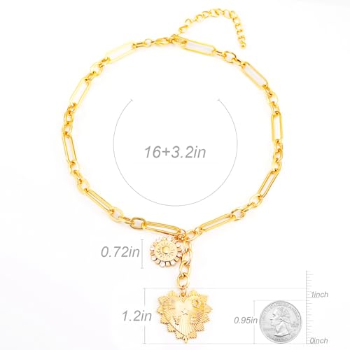 ORIGENCE Sun Heart Necklace for Women 18K Gold Plated Heart Pendant Necklace Chunky Chain Choker Necklaces Hip Hop Charm Necklaces Trendy Unisex Jewelry - style: 2Charm-Gold