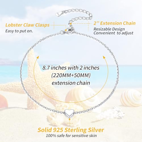 ChicSilver Personalized 925 Sterling Silver Tiny Heart/Moon/Star/Sun/Dot/Triangle Anklets Simple Dainty Foot Jewelry for Women, Silver/Gold Plated/Rose Gold Plated - style: Silver Heart Custom