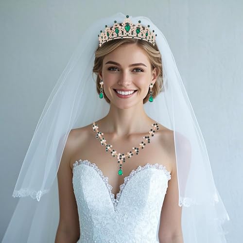 Crystal Crown and Tiara Jewelry Set for Women Bride with Necklace Earrings | Metal Rhinestone Royal Queen Princess Jewelry Set Wedding Quinceanera Pageant Prom Birthday Halloween Party Costume Gift - color: Green