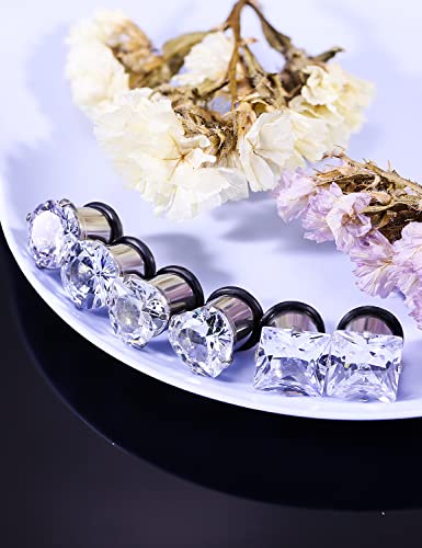 8G 6G 4G 2G 0G 1/2 inch Stainless Steel Ear Gauges - Round, Square, Heart, Cubic Zirconia - 3mm to 12mm - Silver, 3 Pairs - color: Gauge=0g=8mm