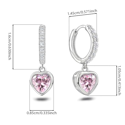 Heart Hoop Earrings with Dangle Sterling Silver Love Heart-Shaped Loop Earrings for Women Hypoallergenic Sparkle Birthstone Cubic Zirconia Hoop Earring with Dangling Charms Dainty Fashion Jewelry Gift - color: Pink