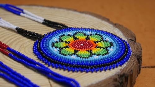 Handmade Native American Style Tribal ethnic Seed Bead Beaded Layered Medallion Necklace - color: Blue Floral