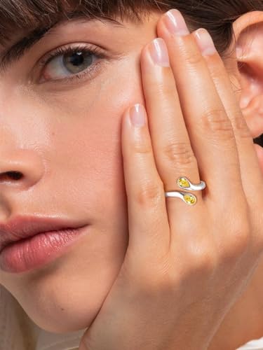 Bestyle Silver Birthstone Ring for Women, Dainty Sterling Silver Teardrop Ring Open Adjustable Band Ring, Love Statement TOI et Moi Ring Promise Ring for Her - color: 11.November ( Citrine)