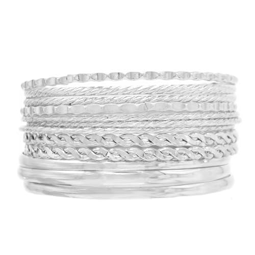 COLORFUL BLING 5-12Pcs Boho Indian Bangles for Women Twisted Chunky Stackable Cuff Bangle Statement Jewelry Handcuffs Wedding Layered Cable Smooth Bracelets Set - color: 12pcs silver
