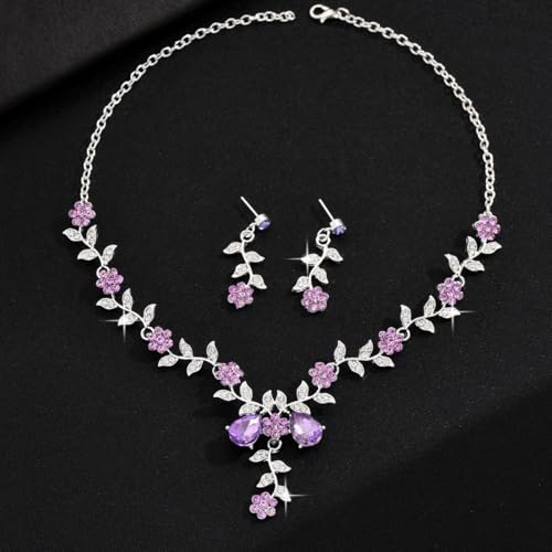 Kamirola Women's Wedding Jewelry Leaf Cluster Flower Crystal Dangle Earrings Pendant Necklace Set for BridalCrystal Bridal Jewelry Set - color: Silver Purple