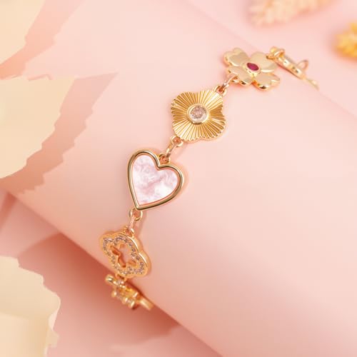 Gold Clover Charm Link Bracelet for Women Elegant Mother of Pearl Lucky Four Leaf Clover Bracelet Cute Colorful Rhinestone Clover Pendant Bracelet Adjustable Link Chain Trendy Party Jewelry Gift - style: lucky