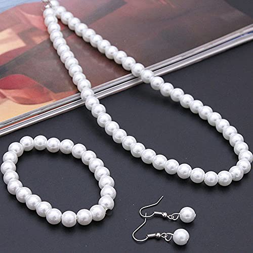 tenghong2021 Fashion Classic Faux Pearl Jewelry Set Necklace Bracelet Earrings for Women Best Gift - color: White