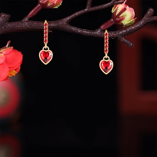 Sparkly Crystal Love Heart Dangle Drop Earrings Dainty Rhinestone Tiny Heart Huggie Hoop Earrings For Women - color: Red