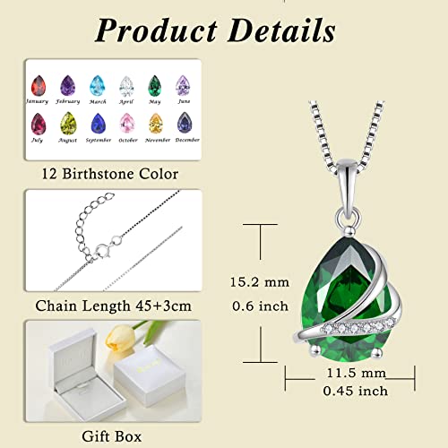 Birthstone Pendant Necklace 925 Sterling Silver Teardrop Jewelry for Women - color: Emerald Green