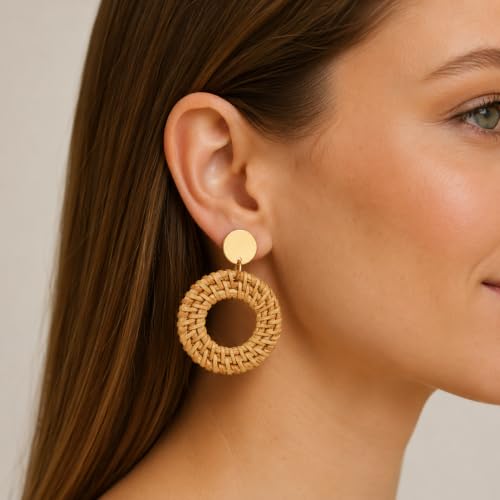 Handmade Rattan Teardrop Dangle Earrings for Women, Lightweight Boho Woven Statement Earrings with Gold Fish Hook, Natural Straw Weave Vacation Jewelry for Summer Beach - style: Natural Beige