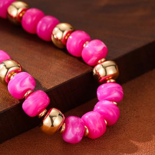 Resin Chunky Colorful Beaded Necklace | Adjustable Boho Statement Necklace,Summer Beach Party Jewelry - color: Hot Pink