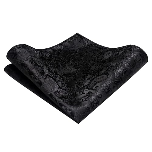 JEMYGINS Mens Solid Color Paisley Necktie and Pocket Square with Tie Clip Sets - color: Black