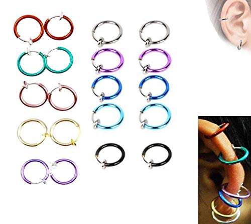 yueton 10 Pairs Non - Piercing Fake Spring Septum Nose Lips Ear Ring Hoop Clip On