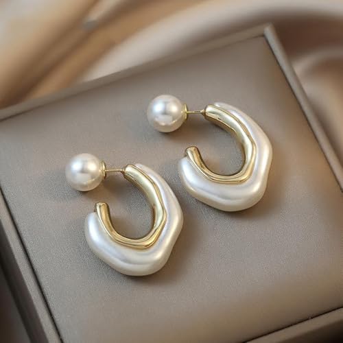 Acrylic Open Hoop Statement Earrings for Women,Fashion Chunky Geometric Resin Double Sided C Earrings,Minimalist Pearl Open Hoop Earrings Jewelry