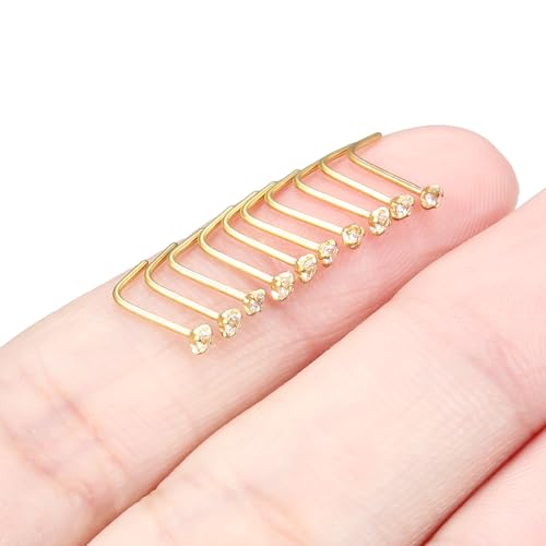 Nose Studs Surgical Steel Nose Rings Studs with Cubic Zirconia 10Pcs Tiny Nostril Rings for Women Screw Bone and L-Shaped Nostril Piercing Jewelry 24G 22G 20G 18G - color: goldtone,L shaped nose studs, size: 22g,1.5mm Clear CZ