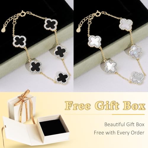 925 Sterling Silver Four Leaf Clover Bracelet – Real Silver Lucky Clover Jewelry for Women, Dainty Good Luck Gift for Her - color: Gold – Black Onyx