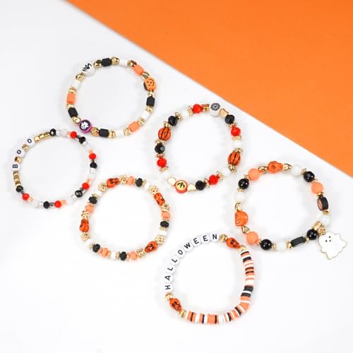 Ardorchid Halloween Bracelets for Women Pumpkin Ghost Steleton Bat Skull Beaded Stackable Stretchy Bracelet Rugby Thanksgiving Christmas Heishi Bracelets - color: Halloween Bracelet -4