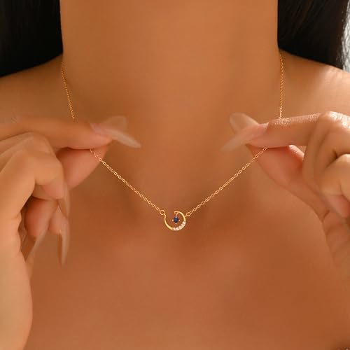 925 Sterling Silver Dainty Crescent Moon Necklace for Women | 14K Gold Plated White Cubic Zirconia Moon and Star Pendant Choker Necklace to Daughter Mother Trendy Wedding Jewelry Gifts - color: Gold C