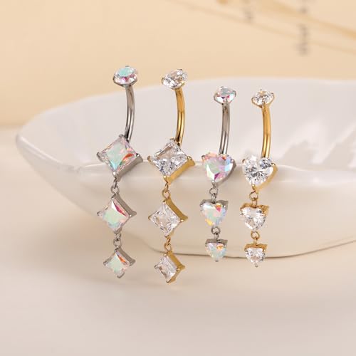 GAGABODY G23 Titanium Dangly Belly Button Ring Long Belly Rings Belly Piercing Jewelry 14G 3/8 inch 10mm Navel Barbell CZ Navel Piercing Ring - color: Style2:Gold+Dangle Heart Shape Clear CZ