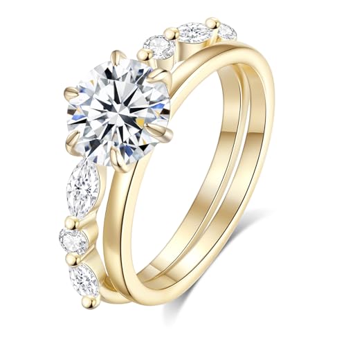 Moissanite Wedding Ring Bridal Set for Women, 3.3CTTW(2CT Center) Round Cut 9K Gold Plated D Color VVS1 Clarity, 925 Sterling Silver Wedding Band Engagement Rings for Her