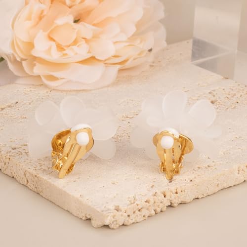 LAXPICOL Fashion Flower Clip On Earrings For Women Cute Lovely Acrylic Flower Earrings No piercing Earrings - color: white