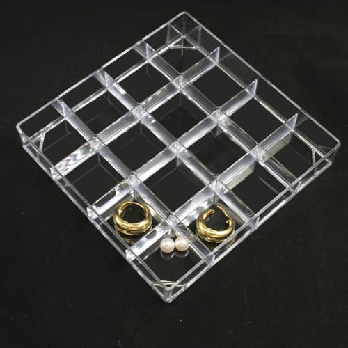 4 PCS Stackable Jewelry Organizer Tray, Clear Square Plastic Storage Box | with 16 Mini Grid (1.57''), Suitable for Drawer Dresser Vanity Desk Use, Necklaces Bracelets Rings Earrings Storage