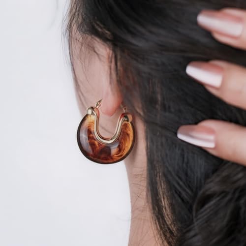 Chunky Gold Resin Hoop Earrings Leverback Statement Huggie Hoops Dangle Drop Dressy Earring Prom Festival Vacation Jewelry for Women - color: Amber, size: Drop