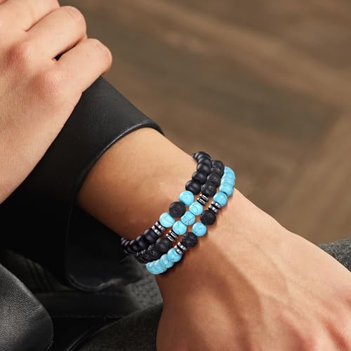 Mens Beaded Bracelets Set 8MM Tiger Eye Lava Stone Stretch Natural Stone Men's Bead Bracelet Mens Bracelet - color: 3, Green, Frosted, Volcano Bracelet