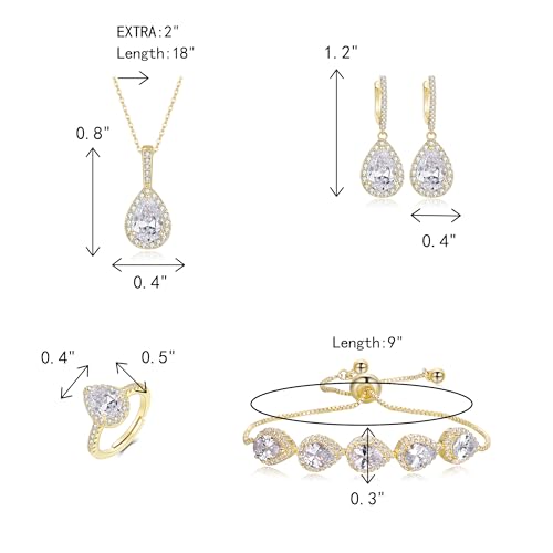 Crysdue Wedding Bridal Teardrop CZ Pendant Necklace Open Ring Dangle Earrings Adjustable Slider Bracelet Jewelry Set, Birthday Mothers Day Christmas Jewellery Gift for Women/Mom/Wife - style: 01-Teardrop Clear Gold-Tone