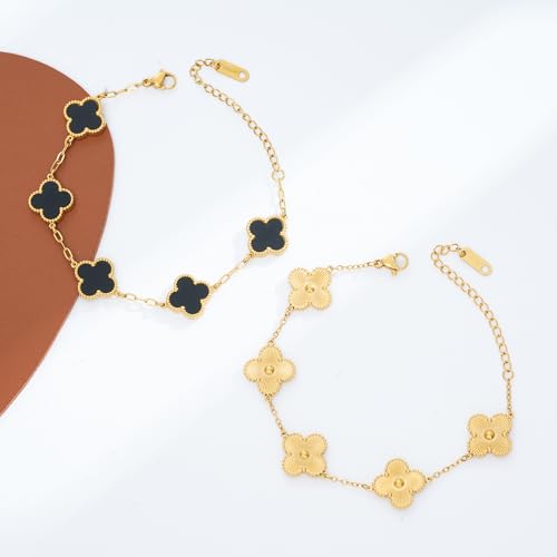 Waterproof Four-Leaf Clover Bracelet,Adjustable Link Double Sided Jewelry, Lovely Fashion Jewelry Gift for Women - color: Gold Bracelet +Black Bracelet