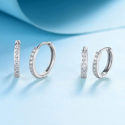 White Gold Earrings for Women Men Hoop and Stud Earring Set | Hypoallergenic 14K White Gold Plated Hoops Huggie Stud Earrings Set Round Cubic Zirconia Ear Jewelry - style: A5-White Gold-Hoop (2 Pairs)